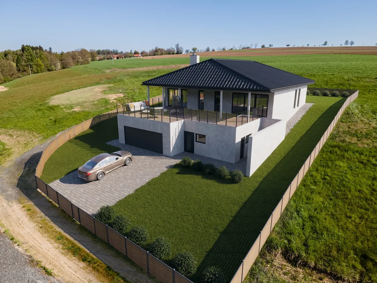 Drone view visualization of a family house with a terrace