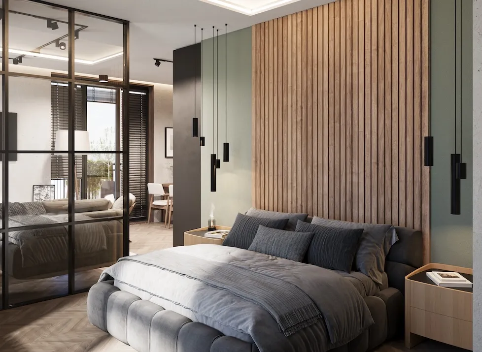 Photorealistic visualization of a bedroom with wooden panelling and a glass wall