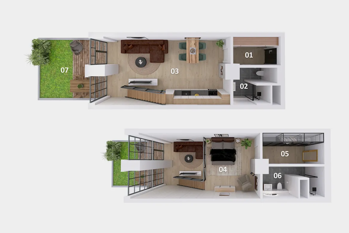 3D floor plan of a two-storey apartment with a garden