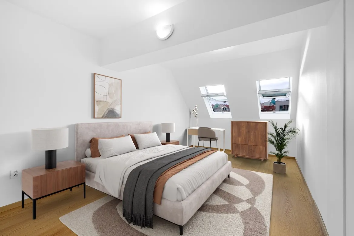 Attic bedroom furnished with virtual staging