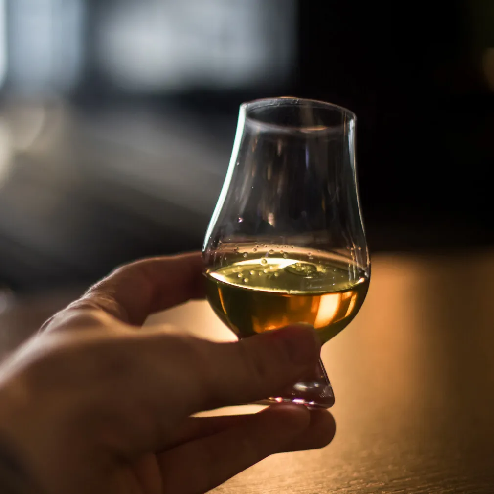 A glass of Detour Spirits whisky