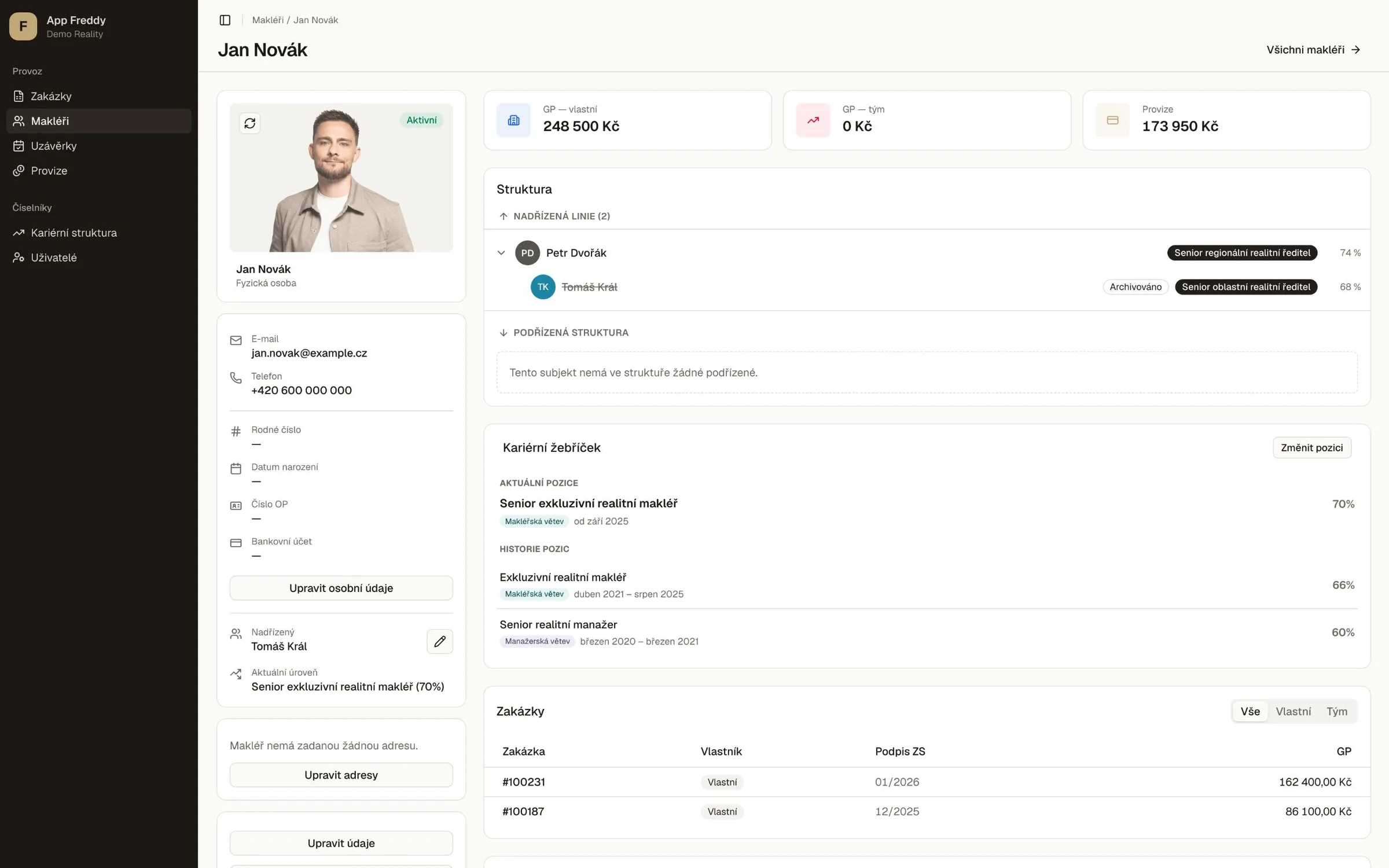 Agent detail in the App Freddy internal system with commissions and career structure