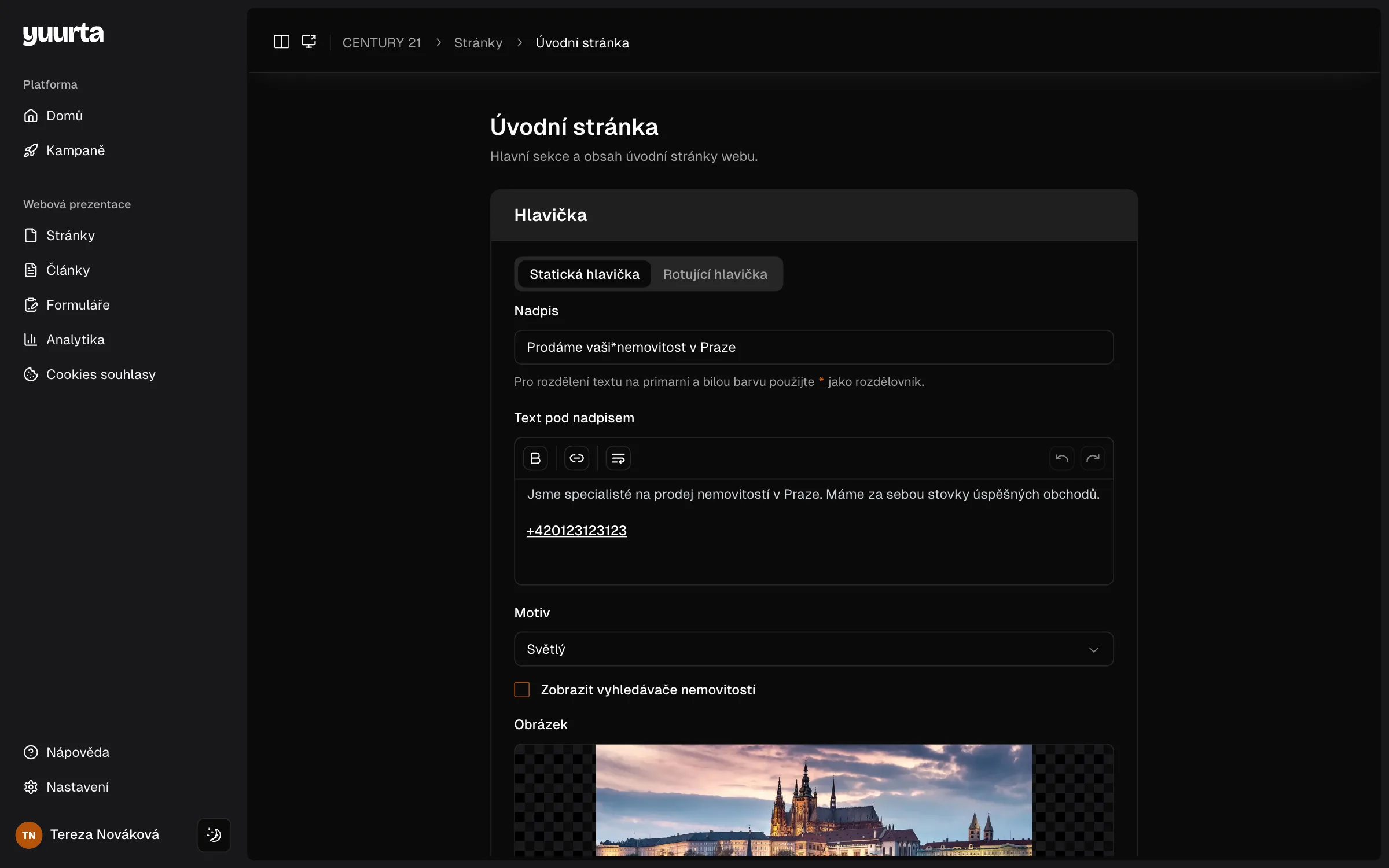 Homepage editor in the Yuurta app in dark mode