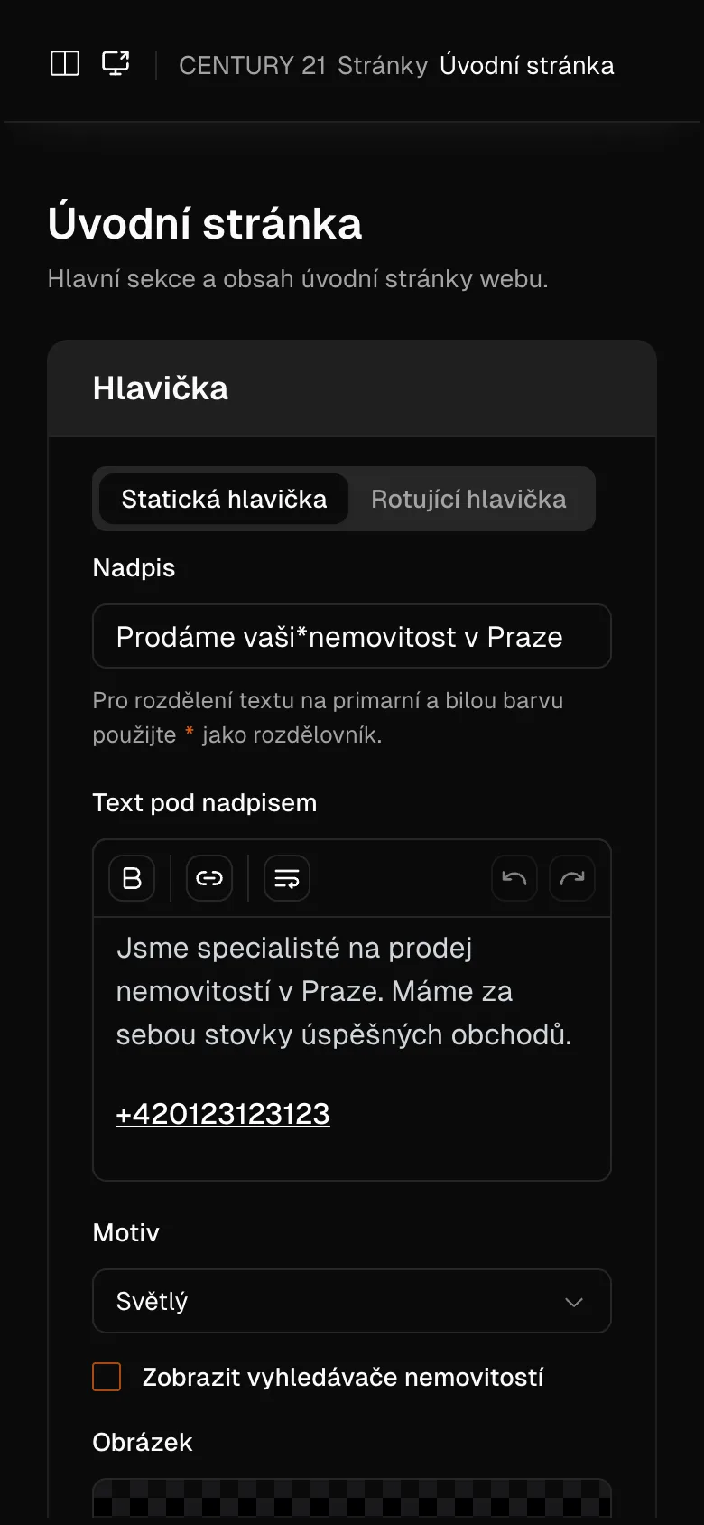 Homepage editor in the mobile version of the Yuurta app in dark mode
