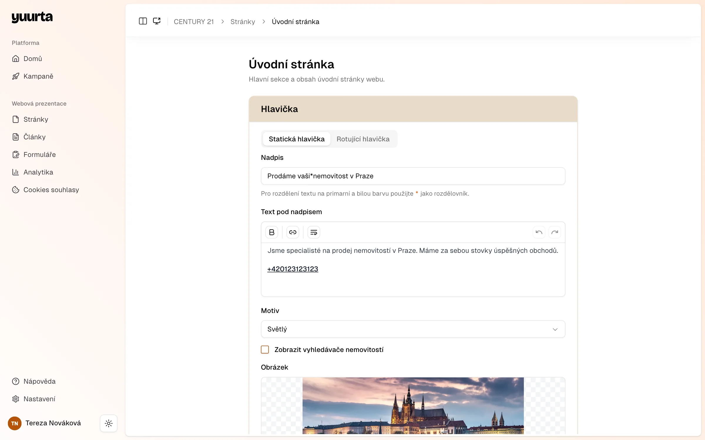Homepage editor in the Yuurta app